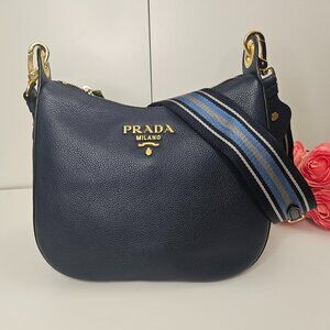 Authentic Prada Vitello Phenix Navy Leather Crossbody Bag
